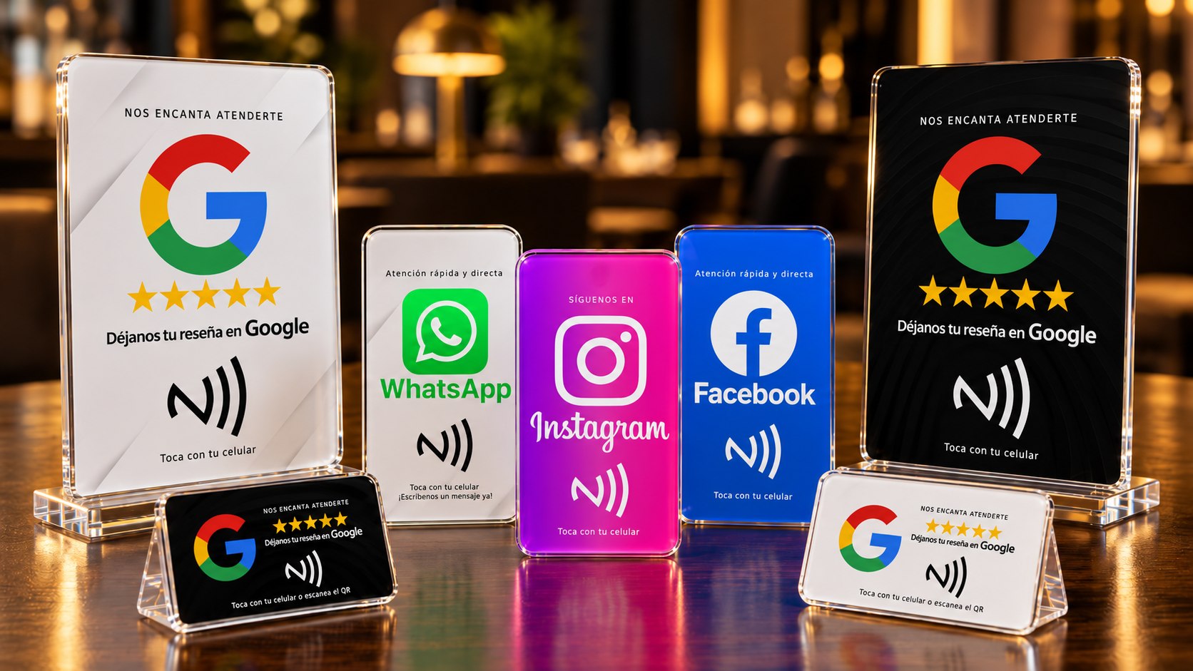 Displays acrílicos JEV ID Business para reseñas de Google y acceso a WhatsApp, Instagram y Facebook mediante NFC